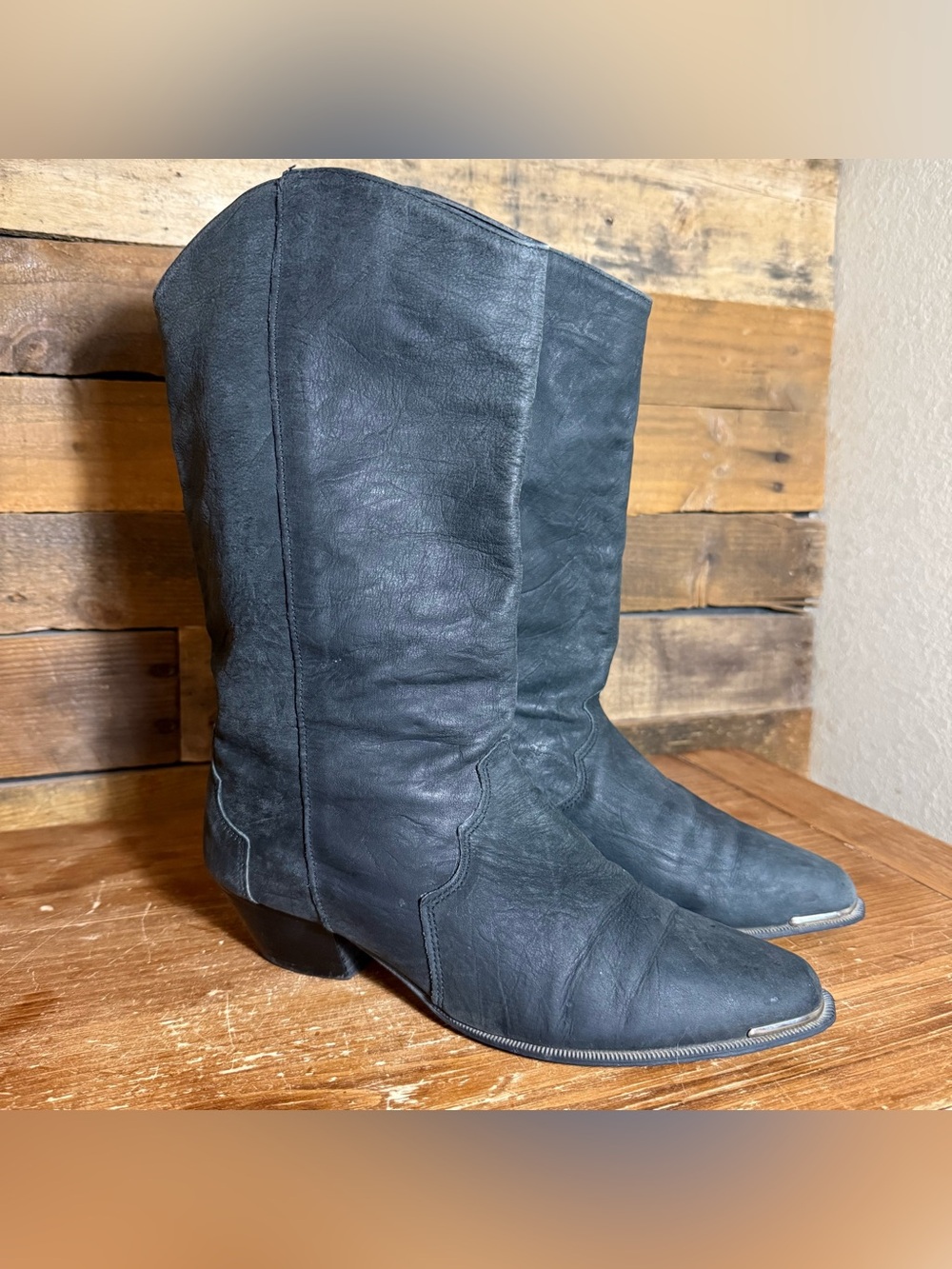 DINGO Slouchy Western Gray‎ Leather Pointed Toe Pull On Silver Tip Boots Sz 8